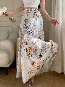 abyoxi 女士白色碎花优雅休闲性感波西米亚风褶皱高腰多层荷叶边下摆长裙，适合海滩度假、假日派对、婚礼宾客、毕业季、假期、节日季、春夏穿着，A字裙摆，飘逸长裙 - 白色 - 查看 1