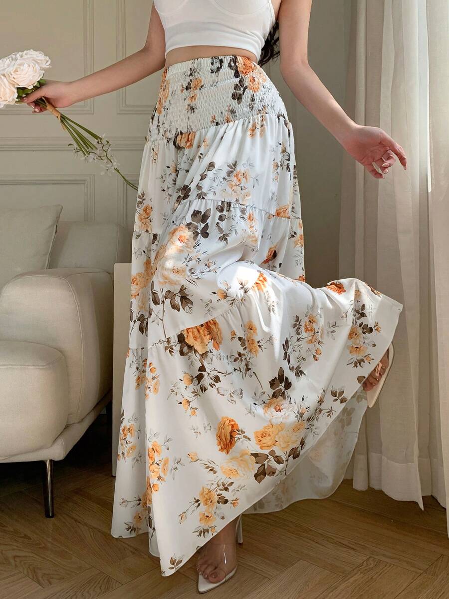 abyoxi 女士白色碎花优雅休闲性感波西米亚风褶皱高腰多层荷叶边下摆长裙，适合海滩度假、假日派对、婚礼宾客、毕业季、假期、节日季、春夏穿着，A字裙摆，飘逸长裙 - 白色 - 查看 1