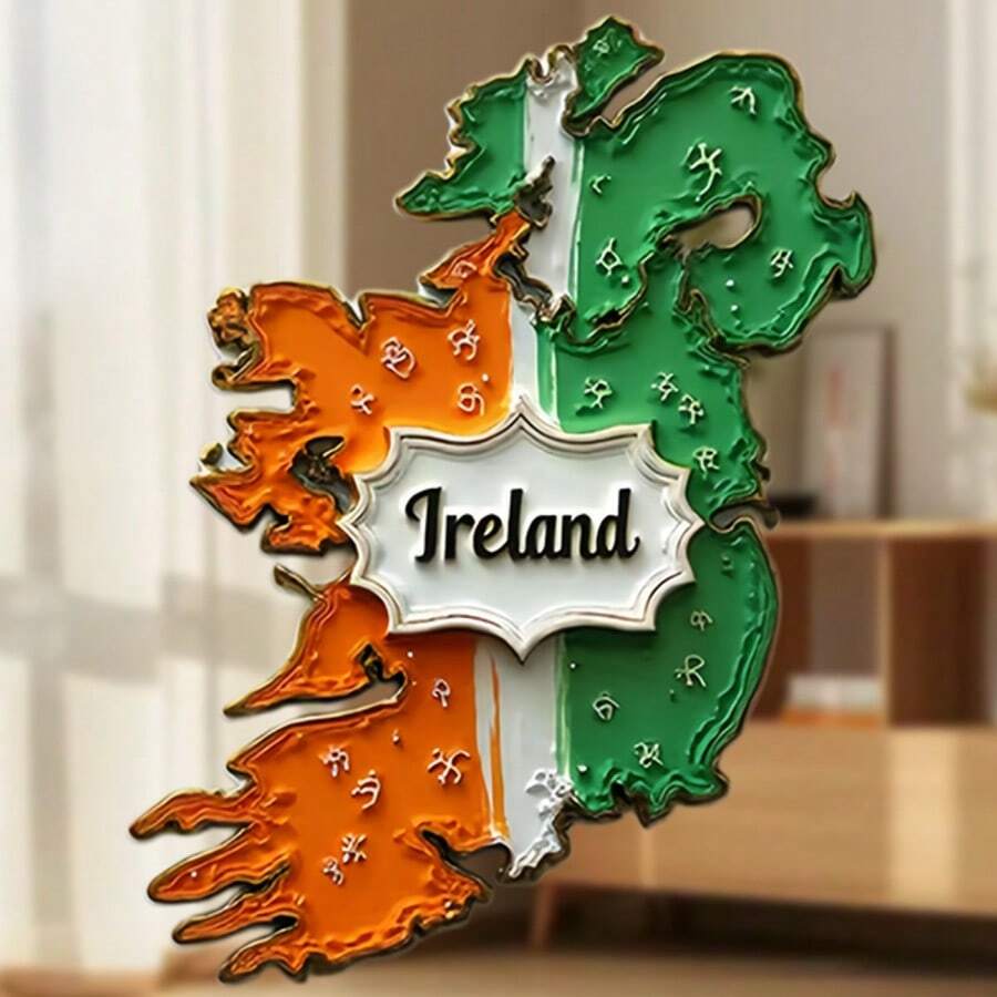翡翠岛的金色徽章：3D复古爱尔兰冰箱贴，轮廓造型，纹理表面，三叶草、竖琴和绿色田野——凯尔特风情，点缀您的冰箱 - 愛爾蘭地圖三葉草 - 查看 1