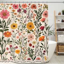 1pc Boho Floral Shower Curtain With Tassels, Wildflower Beige Botanical Flower Tassel Shower Curtain For Bathroom Waterproof Fabric Set With 12 Hooks Bohemian Country Bath Curtain Bathtub Decor, Bathroom Decor, Home Decor, Bathroom Essentials, Farmhouse Home Decor - 白色的 - 查看 2