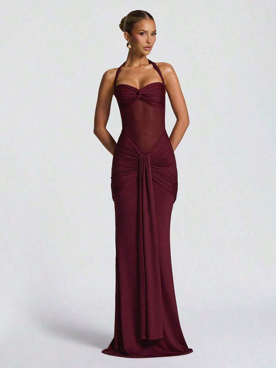 Spaghetti Strap Backless Waist Cinched High Slit Dress, Mesh Patchwork Vacation Party Dress Wedding Spring - 中紫紅色 - 查看 1