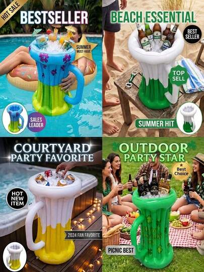 4个便携式酒杯造型PVC充气饮料冰桶，无需电源，是海滩、烧烤和夏季派对的理想之选，趣味十足的鸡尾酒和饮料冷却器，也是万圣节和圣诞节派对的必备品