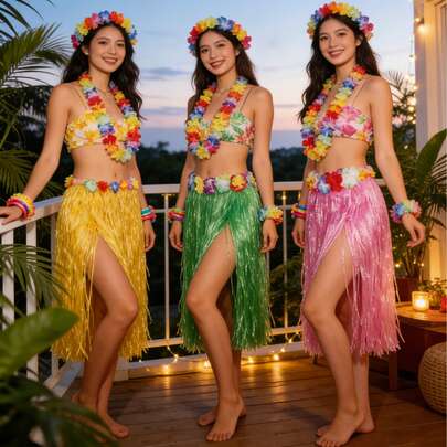 三件套热带派对服装：红色涤纶草裙、夏威夷花环、花瓣项链、发带和手镯——非常适合夏季庆祝活动和装扮，以及夏威夷派对装饰。