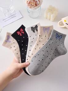 4 Pairs Women's Cute Breathable Bow Polka Dot Pattern Ankle Socks, Invisible Liner Socks, White And Black, Suitable For Casual Daily Wear, Applicable For Spring/Summer All Year Round - View 3
