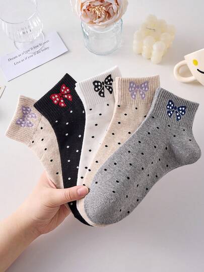 4双装女士可爱透气蝴蝶结波点图案短袜，隐形内衬袜，黑白两色，适合日常休闲穿着，春夏四季皆宜