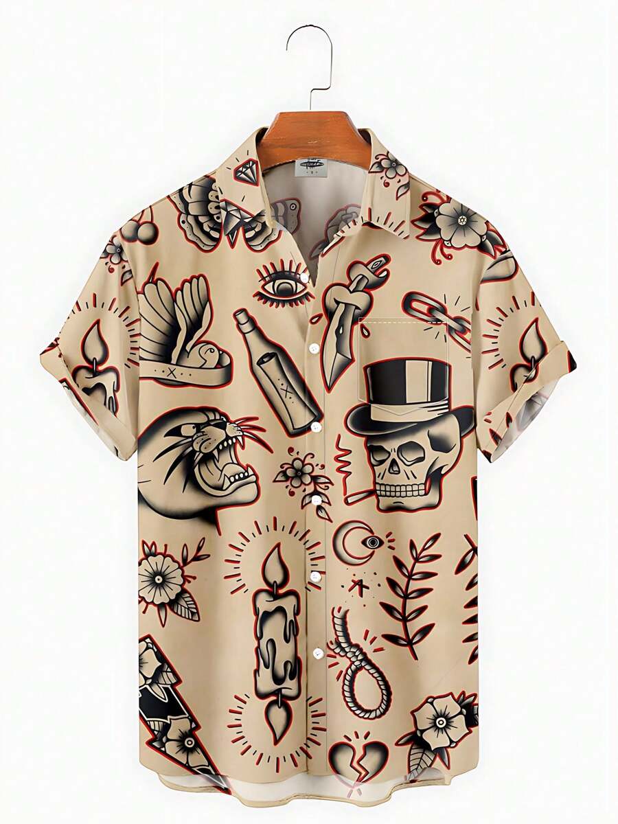 Tattoo Style Art Pattern Showing Skull With Hat Candle Heart Moon And Wing Symbolizing Mystery Faith Rebirth Peace And Strength 3D Print Men Short Sleeve Shirt - A508D-AL23998 - Xem 1