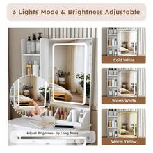 Modern Vanity Desk With LED Mirror, 3 Color Lighting & Adjustable Brightness - 3 Drawers & Storage Shelves, Built-In Power Outlet & Hair Dryer Holder, Makeup Dressing Table Set With Stool For Bedroom - View 3