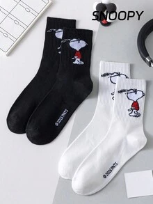 SNOOPY 2/1 paire de chaussettes rondes noires et blanches officielles pour hommes, style d'été. Design de motif de dessin animé mignon, à la mode et respirant. Chaussettes d'été pour hommes, résistantes aux odeurs et absorbantes, polyvalentes et décontractées, convenant aux étudiants, aux adultes, à l'usage quotidien et aux cadeaux - Multicolore - Voir 2