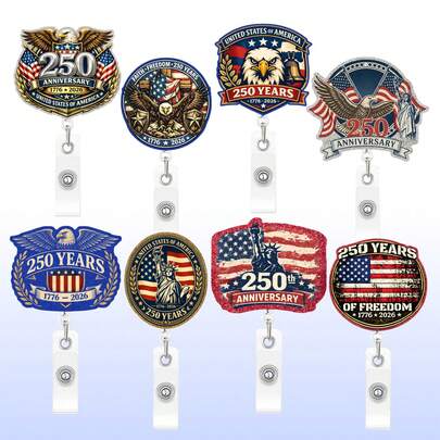 TONAVIETO 1pc Acrylic American 250 Years Anniversary Badge Reel, Retractable Patriotic Independence Day Badge Holder Clip With Swivel Alligator Clip