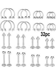 32件套不锈钢鼻环套装 - C形鼻环、球形和尖头唇钉、低过敏性身体饰品，适用于唇部、耳软骨、耳屏、耳廓等部位。 - 銀色 - 查看 9