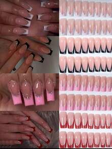 96pcs (4 Assorted Styles) Long Coffin Heart Shaped Nail Stickers, White French Glitter Nails, Press-On Nail Strips, Minimalist Chic Style - Durable Reusable False Nails, Includes 1pc Jelly Gel And 1pc Nail File, Nail Art Set Suitable For Women & Girls Daily & Party Use - Multicolor - View 5