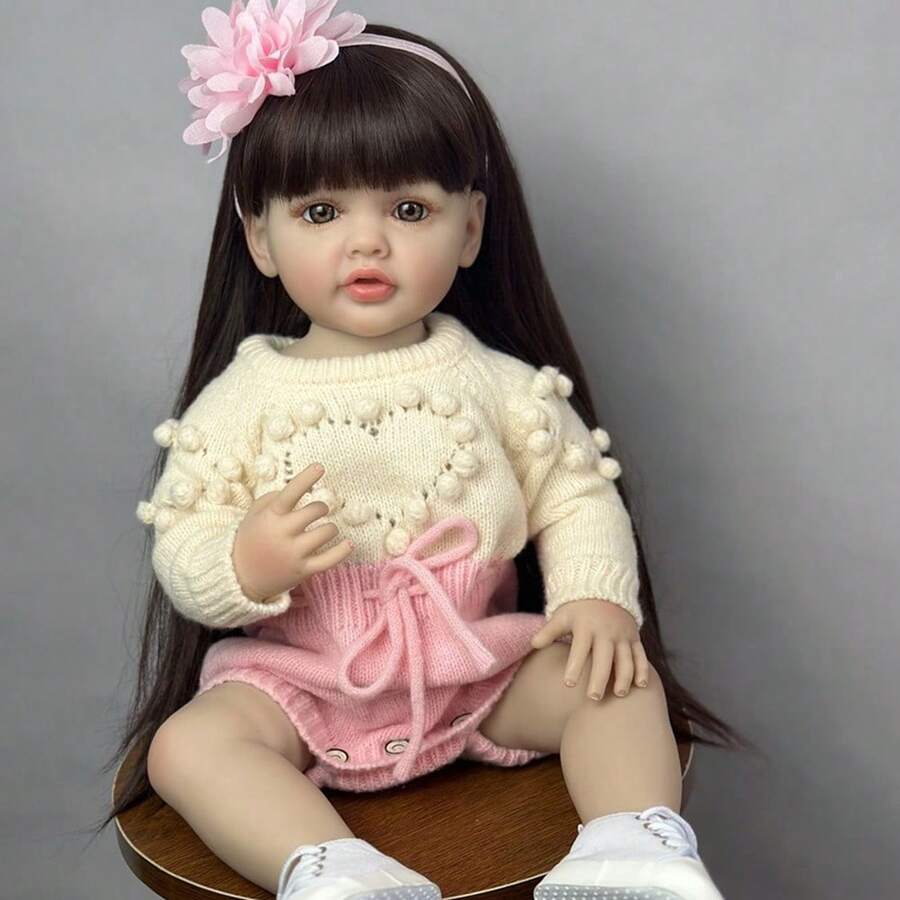 22英寸/55厘米全身乙烯基逼真重生娃娃，换装游戏玩具，完美的圣诞节生日礼物 - 粉色 - 查看 1