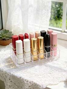 1pc 12-Grid Lipstick Holder Organizer Display Stand, Makeup Cosmetic Storage Box For Vanity Tabletop - Clear - View 8