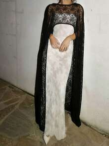 Women's Lace Long Poncho Fashionable Elegant Lightweight Solid Color Shawl Wrap for Evening Party - Negro - Ver 4