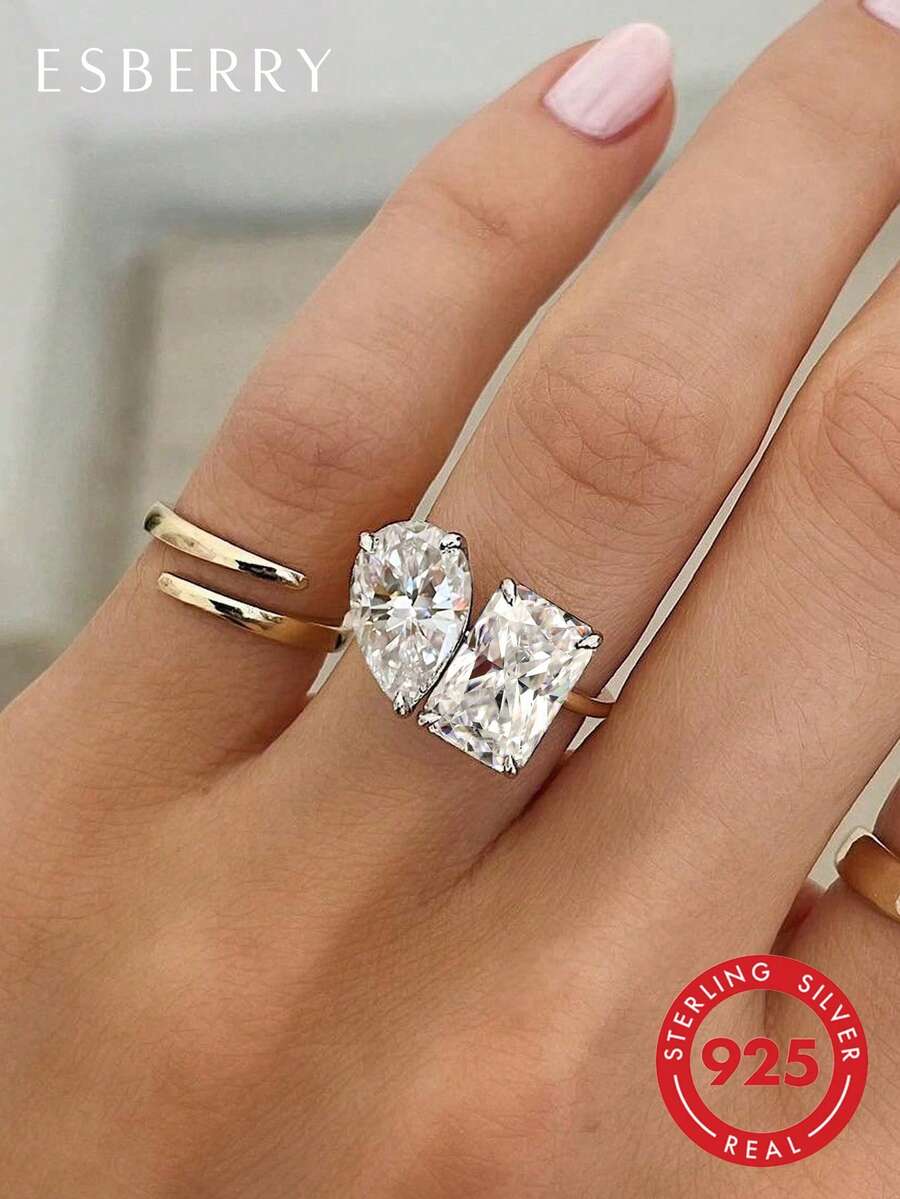 ESBERRY 1枚925纯银个性化时尚不规则立方氧化锆戒指，女士珠宝，精致珠宝，女士约会礼物