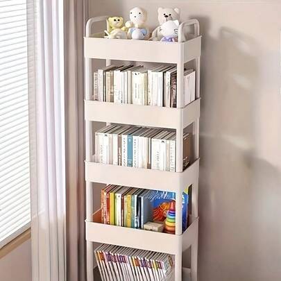 Multifunctional Minimalist White Storage Rack With 4 Hooks + Stickers - Mobile Multilayer Shelving Unit, Suitable For Bedroom, Living Room And Office To Organize Books, Toys And Other Items