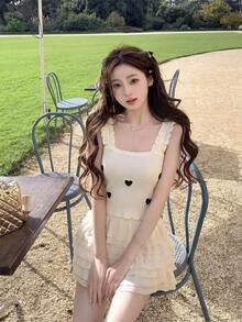 Cute & Sexy Girl Ribbed Knit Camisole, Sleeveless Design With Heart Embroidery, Suitable For Spring/Summer Layering Or Outerwear - Milky White - View 6
