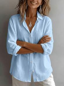 Women's Casual Linen Long Sleeve Button Front Shirt With Collar, A Basic Elegant Blouse - Blue - View 5