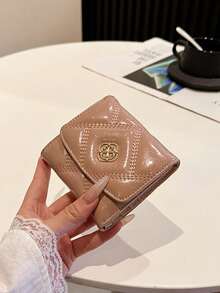 Ví da nữ dạng gập ba, họa tiết lưới kim cương. - Hồng - Xem 5