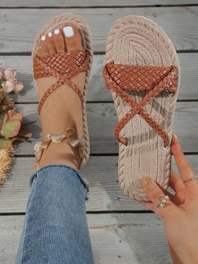 Plus Size Women's Handmade Woven Thick-Sole Non-Slip Slippers/Sandals, Korean Wide Design, Suitable For Daily Wear, Parties And Outdoor Activities, Women's Flat Sandals, Lightweight Summer Slippers, Fashionable & Comfortable Women's Beach Shoes, Indoor/Outdoor Comfortable Women Mules, Casual Fashionable Outdoor Beach Summer Shoes