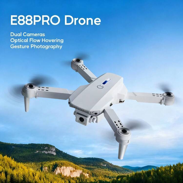 Drone de fotografía aérea con control remoto E88, modo sin cabeza con giro de 360°, regalo de Halloween y Navidad - Multicolor - Añade 3