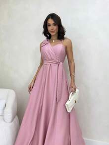 Women's Long Dress With Thin Straps And Bow, Elegant, Chic Party, Wedding, Graduation, Modest Fashion, Padded Bra, Size 3. - 淺粉色 - 查看 2