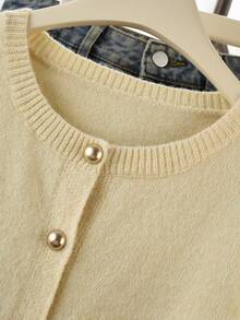 Women's Gray Button Cardigan - Casual Fashionable Short Sleeve Cardigan, Stretchy, H-Shaped Silhouette, Suitable For Spring And Summer, Ribbed Detail Design, Button Closure, Breathable Fabric, Cardigan Style, Essential Spring/Summer Item - Light Yellow - View 4