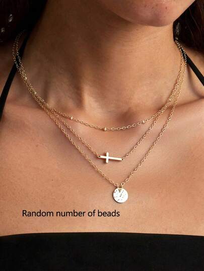 2pcs Minimalist Cross & Disc Pendant Necklace Set For Women, Suitable For Daily, Date, Party, Music Festival Layering (Random Bead Quantity)