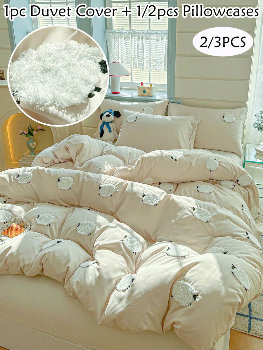 Bộ ga trải giường 2/3 món màu kaki thêu hình cừu, chất liệu polyester, kiểu dáng tối giản dễ thương, phù hợp cho mọi mùa, phòng ngủ, phòng khách, mềm mại và thoáng khí, có thể giặt máy, khóa kéo, cỡ Queen, King (1 ga trải giường + 1/2 vỏ gối, không kèm ruột gối) - Màu Khaki - Xem 1