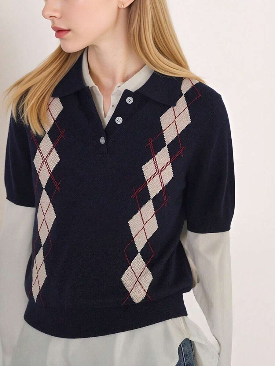 女士夏季休闲菱格纹 Polo 领短袖 - 藏蓝色 - 查看 1