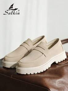 Salkin 奢華設計師男士便錢樂福鞋，正品品牌，純色啞光皮革鞋面，休閒男鞋，適合現代生活的平價奢華，柔軟舒適防滑耐磨鞋底，時尚優雅紳士社交鞋，百搭西裝、學生畢業典禮、大學風格、運動鞋、派對、宴會、節日禮物，春夏秋季男鞋 - 米色 - 查看 2