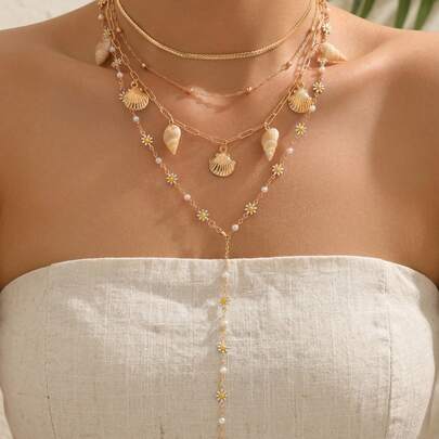 4pcs/Set Vacation Style Multi-Pendant Necklace, Fashion Multilayer Daisy & Faux Pearl Decor Y-Shaped Necklace Design, Suitable For Daily Wear And Holiday Party, Chain Length Adjustable
