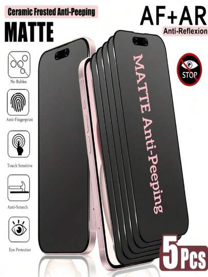 5pcs Matte Privacy Ceramic Screen Protector Compatible With IPhone 17 Air/17 Pro Max/16 Pro Max/17e/16/16e/15/14/13/12/11/Pro Max/Plus/XR/X/XS/XS Max/Mini 30° Anti-Peeping, Full Coverage, Anti-Fingerprint, Easy To Install, Not Glass