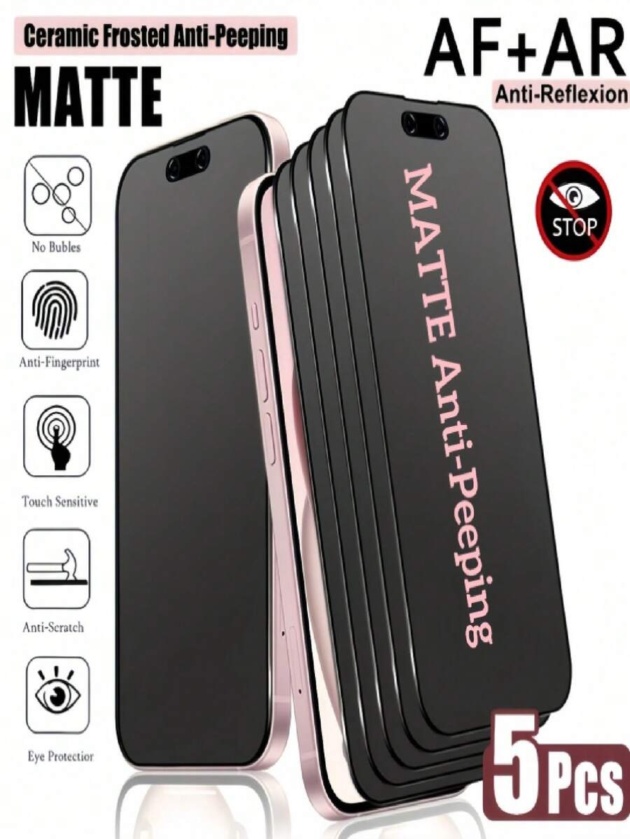 5pcs Matte Privacy Ceramic Screen Protector Compatible With IPhone 17 Air/17 Pro Max/16 Pro Max/17e/16/16e/15/14/13/12/11/Pro Max/Plus/XR/X/XS/XS Max/Mini 30° Anti-Peeping, Full Coverage, Anti-Fingerprint, Easy To Install, Not Glass - Black - View 1