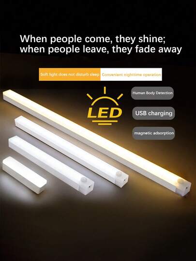 1pc Long Sensor Ambient Light, USB Rechargeable, With Motion Sensor, Wall-Mounted Light Strip, Modern LED Wall Light Bar, Living Room Bedroom Decor Light, With Adhesive & Magnetic, Cabinet Wardrobe Light, Corridor Staircase Sensor Night Light, Soft Eye-Caring