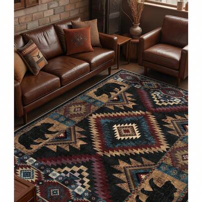 Rustic Cabin Area Rug 5x7,Machine Washable Lodge Bear Rug,Non-Slip Low Pile Print Pattern Southwestern Rug For Living Room Bedroom For Living Room, Bedroom, Dining Room, Office Home Decor, Carpets Home Decor Rugs, Homestay Hotel, Non-Slip Machine Washable Carpet, Home Decor Room Decor