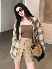 女士格子衬衫，夏季新款休闲宽松上衣 - 卡其色 - 查看 6