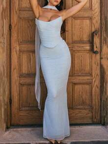 [Spring/Summer Style] Best-Selling New Arrivals Women's New Summer 2 Pieces Set: Backless Crop Top And High-Waisted Fitted Midi Skirt - Elegant And, Suitable Cocktail Parties, Birthday Celebrations, And Nightclubs Wedding White Spring - 嬰兒藍 - 查看 4