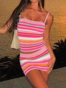 Women 2 Piece Knit Outfit Striped Mini Skirt Set Sexy Knit Crop Cami Tank Top Low Waist Bodycon Short Skirt Y2k Matching Going Out Party Beachwear - 粉色 - 查看 2