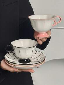 Cabin Kangaroo Bộ tách và đĩa sứ kẻ sọc thiết kế độc đáo, hình dáng tách không đối xứng, chất lượng cao, thích hợp dùng cho bữa sáng, văn phòng, uống nước thanh lịch, bộ tách và đĩa kiểu Pháp cổ điển có viền, thích hợp dùng cho trà chiều tại nhà, quà sinh nhật cho bạn gái. - Nhiều màu - Xem 6