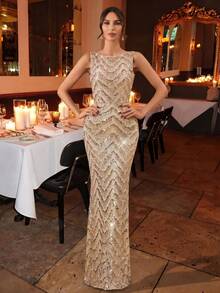 女士夏季新款优雅迷人美人鱼露背连衣裙，适合婚礼、单身派对、度假、庆典、伴娘礼服（成人款）、正式晚礼服、派对礼服 - 杏色 - 查看 2