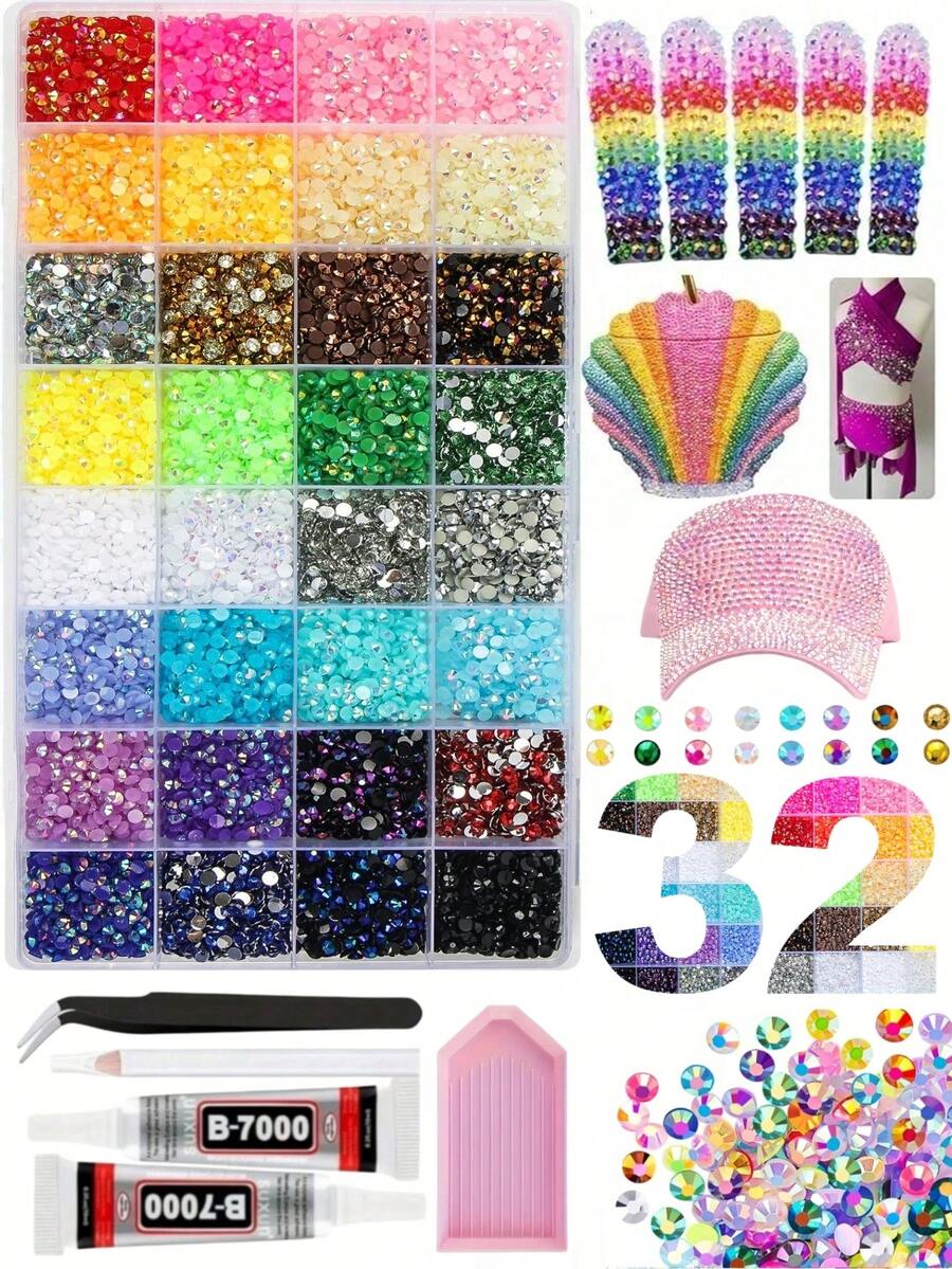 32 Colors Jelly Resin Rhinestones, Dazzling Colorful Set, Suitable For Handmade Crafts, Decoration, Mixed 3mm, 4mm, 5mm Shiny Crystals, Comes With Applicator Tool, Applicable For DIY Crafts, Clothing, Cups, Shoes, Fabrics