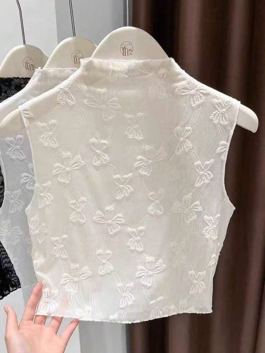 Mushroom Lace Trim Mock Neck Sleeveless Slim Fit Knit Tank Top, Black Detachable Collar