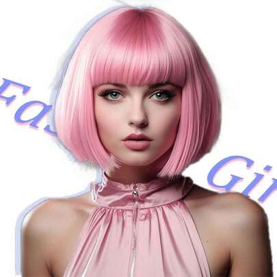 Tóc giả ngắn màu hồng kiểu bob có mái, thẳng, dài 12 inch, chất liệu tổng hợp chịu nhiệt, dễ thương, thích hợp cho cosplay, tiệc tùng, Halloween và sử dụng hàng ngày.