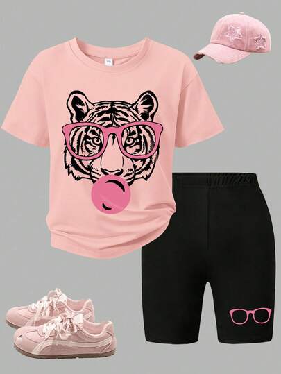 2pcs/Set Teenage Girls' Creative Tiger Print Short Sleeve T-Shirt And Shorts Set, Soft And Comfortable, Fashionable Streetwear Style, Suitable For Summer School, Vacation, Party And Daily Wear