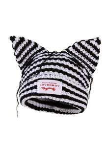 1pc Women's Fashion Striped Ear Adorned Distressed Fabric Knitted Hat, Warm Autumn/Winter Outfit Beanie Fall Outfit JXZP - Nhiều màu - Xem 9