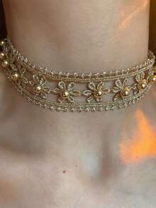 1件双面金线镂空花朵串珠珍珠项链，适合日常佩戴、派对、节日礼物 - 彩色 - 查看 1