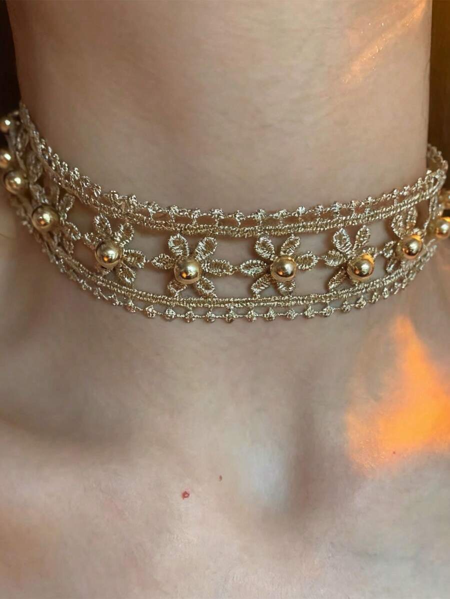 1件双面金线镂空花朵串珠珍珠项链，适合日常佩戴、派对、节日礼物 - 彩色 - 查看 1