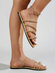 Women's Flat Sandals With Rhinestones, Black Rhinestone Sandals, Leopard Print Sandals, Full Rhinestone Beach Slippers For Party, Birthday, Gathering, Gift, Spring/Summer New Rhinestone Sandals, Sexy Wedding Shoes, Mother's Day Gift, Easter Gift, Fashion PU Leather Rhinestone Beach Slippers For Spring/Summer, Suitable For Beach, Wedding, Party, Office, Home, Gym - Gold - View 4