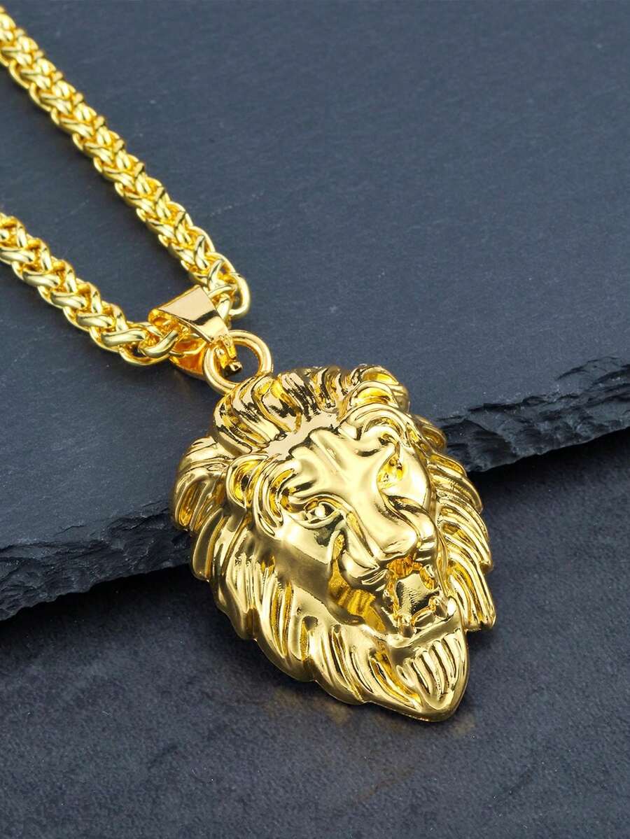 1件男士嘻哈狮头项链吊坠，小麦链狮头吊坠饰品 - 金色 - 查看 1